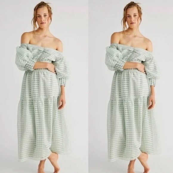Free People | Dresses | Free People Mint Green Midi Dress With Puff Sleeves  | Poshmark